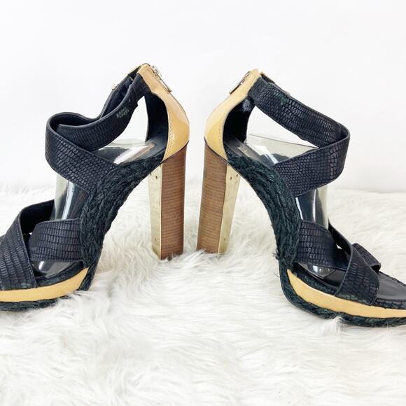 2/$30 2/$30 BCBGMaxazria 8 B Womens Black Leather Weave Cross Stack High Heels - Picture 8 of 13